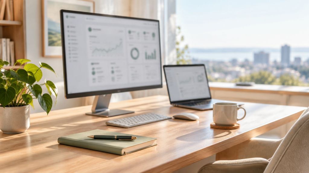 Aufgeräumter Arbeitsplatz mit Monitor, auf dem eine Übersicht betreuter Websites läuft