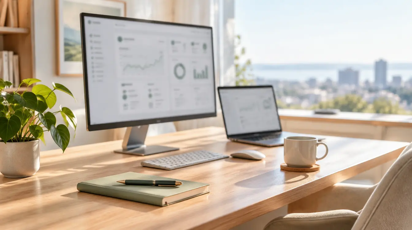 Aufgeräumter Arbeitsplatz mit Monitor, auf dem eine Übersicht betreuter Websites läuft